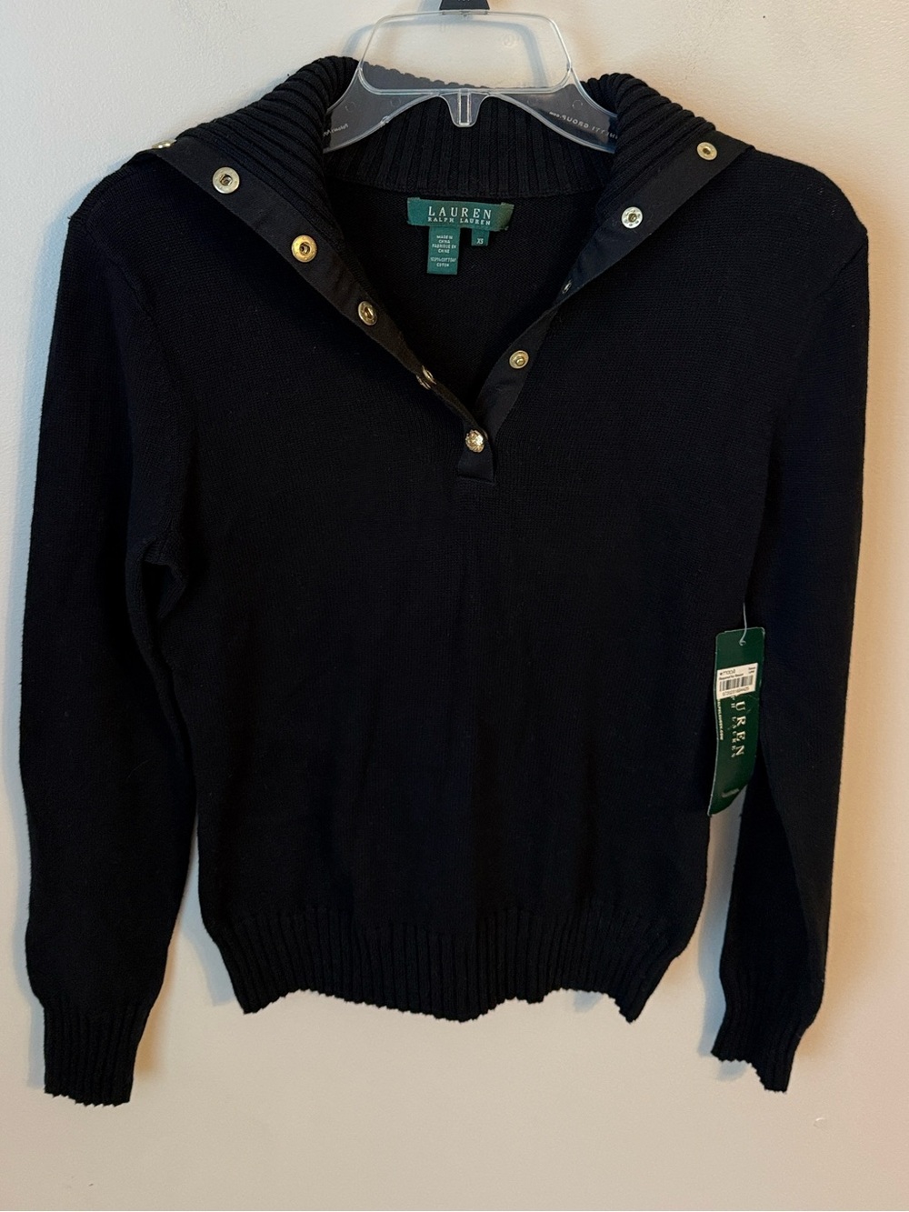 NWT Lauren Ralph Lauren Snap Collar Turtleneck Sweater Black Gold Buttons Sz XS